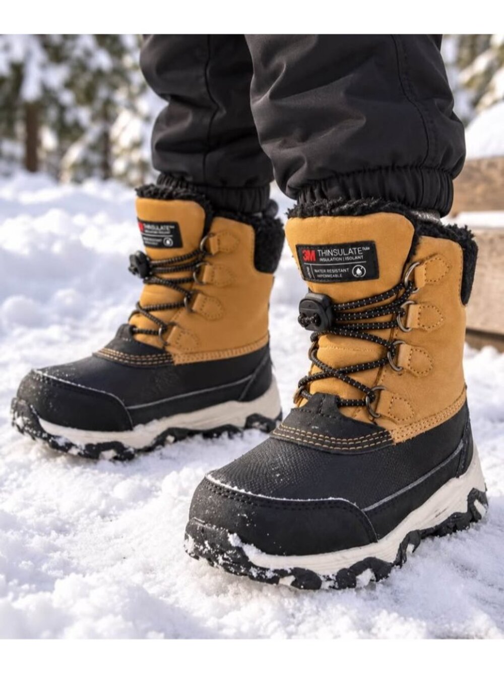 Kids Thinsulate Winter Snow Boots Tan Black Size 8